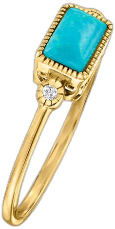 Ross-Simons - Turquoise and Diamond-Accented Ring in 14kt Yellow Gold. Size 9. RS Pure. Create the perfect stackable look with simple, modern jewelry. Add a hint of color to your outfit with our delicate ring! Here, a 4x6mm rectangular turquoise cabochon and diamond accents shine within milgrain frames. You'll wear this dainty 14kt yellow gold ring all day, every day. 3/16" wide. Turquoise ring. Accented Ring, Delicate Rings, Yellow Gold Ring, Modern Jewelry, Yellow Gold Rings, Turquoise Ring, Gold Ring, Gold Rings, Fine Jewelry