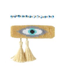 An amulet recognized for it's powers of protection, the evil eye is one of the most ancient symbols in the world. Get a double dose with our tassel bracelet set. Set includes 2 bracelets: 1 - Gold beaded tassel bracelet 2 - Ball bracelet with eye and gold beads Specifications: Adjustable closure - 5 to 9 inches Cuff is 1.25 wide Tassel detail on beaded bracelet SKU #B1002 Bohemian Adjustable Hand-strung Evil Eye Bracelet, Adjustable Hand-strung Evil Eye Bracelet For Festival, Bohemian Evil Eye Bracelet With Resizable Round Beads, Adjustable Amulet Beaded Bracelets With Round Beads, Bohemian Friendship Bracelets With Evil Eye, Adjustable Bohemian Beaded Bracelets With Evil Eye, Adjustable Evil Eye Bracelets For Meditation, Adjustable Spiritual Beaded Bracelet With Evil Eye, Adjustable Spiritual Evil Eye Beaded Bracelets