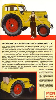 an old yellow tractor advertisement with a woman standing next to the front and rear wheels