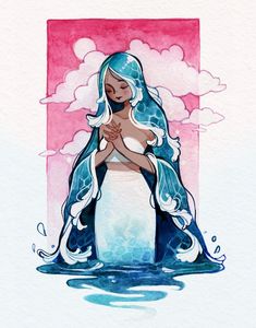 a watercolor drawing of a woman with long blue hair in the middle of her body