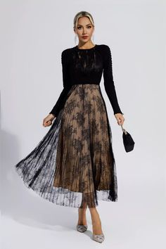 Long Sleeve Lace Dress With Lace Cuffs, Elegant Winter Dress With Lace Patchwork, Chic Long Sleeve Lace Dress For Formal Occasions, Chic Long Sleeve Lace Dress For Formal Events, Long Sleeve Dresses With Lace Sleeves For Evening, Long Sleeve Lace Top Party Dress, Elegant Long Sleeve Dress With Lace Sleeves For Evening, Black Lace Dress With Lace Cuffs For Evening, Elegant Fall Lace Dress