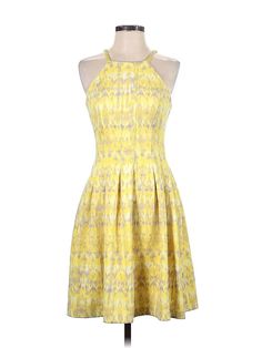 Calvin Klein Cocktail Dress Size: 4 Yellow Dresses - used. 93% POLYESTER, 7% SPANDEX, A-Line, Halter, Knee Length, Sleeveless | Calvin Klein Cocktail Dress - A-Line: Yellow Dresses - Used - Size 4 Pleated Fitted Sundress For Spring, Fitted Pleated Sundress For Spring, Calvin Klein A-line Midi Dress For Spring, Spring Stretch Sundress Midi Length, Stretch Midi Sundress For Spring, Stretch Sleeveless Dress For Spring, Fitted A-line Midi Dress For Daytime, Daytime Fitted A-line Midi Dress, Casual Calvin Klein Midi Dress For Spring