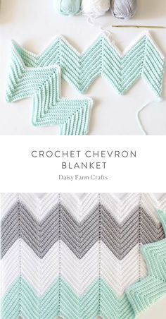 the crochet chevron blanket pattern is shown with yarn and balls of yarn