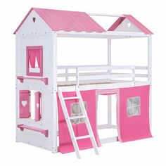 a pink and white doll house with stairs