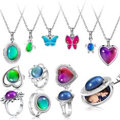 PRICES MAY VARY. Mood ring and necklace set: the package contains 6 pieces mood locket necklaces and 6 pieces color changing mood rings in different styles; You can choose the appropriate style according to your own preferences and occasions Reliable material: the color changing rings and necklaces are made of metal material, with long lasting brilliant finish, well plated, safe and sturdy, not easy to break or fade, which can be applied for a long time Adjustable size and changing color: these Mood Rings, Christmas Birthday Party Favors, Color Changing Ring, Mood Stone, Mood Jewelry, Girls Party Favors, Christmas Birthday Party, Mood Ring, Resin Jewelry Diy