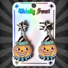 These earrings are a whimsical and delightful accessory that seamlessly blends the charm of Halloween with playful humor.  🎃Materials: shrink plastic with a glossy and glittery resin coating (Backings are blank white). Earring posts are stainless steel. 🎃Lightweight and comfortable. 🎃Please note that the images provided are representative of the overall design, and the earrings you receive may have slight imperfections / variations in color, shape and size. We encourage you to embrace these v Clown Pumpkin, Shrink Plastic Earrings, Pumpkin Cartoon, Cartoon Earrings, Pastel Teal, White Earring, Plastic Earrings, Plastic Art, Pumpkin Earrings