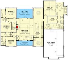 the first floor plan for a home with two master suites and an attached garage area