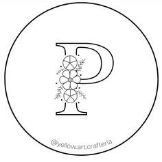 the letter p is decorated with flowers and leaves in black on a white circular background