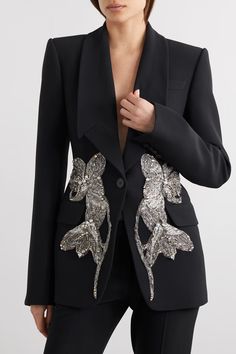 ALEXANDER MCQUEEN Crystal-embellished appliquéd crepe blazer | NET-A-PORTER Surrealism Fashion, Black Alexander Mcqueen, Alexander Mcqueens, Alexander Mcqueen Clothing, Alexander Mcqueen Fashion, Crepe Blazer, Long Sleeve Blazers, Black Blazers, Blazers For Women