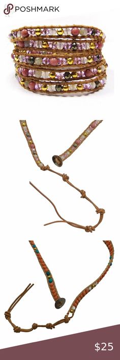 Wrap Bracelet Beads & Leather 🛍️ Real leather with natural stone beads of agate, rhodonite, labradorite and ironstone 🛍️ Wraps 5 times around most wrists. 🛍️ 32" long plus an extra 3" is added with the 4 knots at one end for closure at various lengths. 🛍️ Brand new from manufacturer. Dragonfly Spirit Designs Jewelry Bracelets Adjustable Hand-strung Pink Necklace, Adjustable Pink Bohemian Beaded Bracelets, Adjustable Pink Jewelry For Festivals, Adjustable Pink Beaded Jewelry, Adjustable Pink Beaded Necklace With Faceted Beads, Adjustable Beaded Necklaces, Adjustable Pink Jewelry With Faceted Beads, Adjustable Pink Faceted Beaded Necklace, Adjustable Pink Bohemian Wrap Bracelet