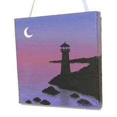 a painting of a lighthouse at dusk with the moon in the sky