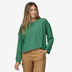 Combining natural fibers and recycled materials, this comfortable, lightweight long-sleeved top has a boxy, relaxed fit and a straight hem. The fabric is made with 60% organic cotton/40% recycled polyester slub knit and wears beautifully in warmer weather. Made in a Fair Trade Certified™ factory. Effortless Long Sleeve Cotton Top, Organic Cotton Tops For Fall Loungewear, Everyday Cotton Long Sleeve Top For Fall, Versatile Long Sleeve Sweatshirt In Relaxed Fit, Cotton Long Sleeve Top For Everyday Fall Wear, Oversized Cotton Long Sleeve Top For Everyday, Fall Organic Cotton Loungewear Tops, Versatile Long Sleeve Sweatshirt With Relaxed Fit, Fall Cotton Long Sleeve Top