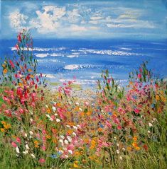 an oil painting of wildflowers and the ocean