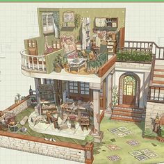 a drawing of a doll house with lots of furniture and accessories on the top floor