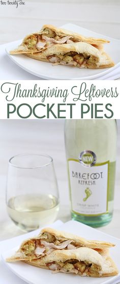 thanksgiving leftovers pocket pies on a white plate with a glass of wine in the background