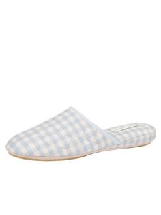 Patricia Green Women’s Sari Silk Check Slipper in Blue Spring Indoor Slip-on Slippers, Indoor Slip-on Slippers For Spring, Spring Fabric Slippers With Round Toe, Spring Blue Slippers With Textured Footbed, Blue Slippers With Textured Footbed For Spring, Casual Fabric Slippers For Spring, Green Sari, Gingham Pattern, Sari Silk