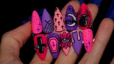 Pastel Goth Nails, Pastel Spooky, Spooky Nails, Cross Nails, Witch Nails, Skull Nails, Witchy Nails, Halloween Acrylic Nails, Cute Halloween Nails