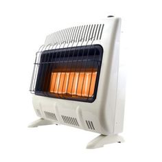 an electric heater sitting on top of a white table