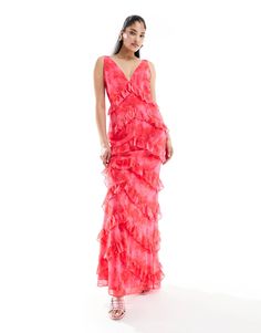 Pretty Lavish ruffle maxi dress in pink and red print | ASOS Pink V-neck Maxi Dress With Ruffles, Elegant Pink Maxi Dress With Ruffled Straps, Pink Tiered Maxi Dress For Evening, Red Feminine V-neck Maxi Dress, Red Ruffled Floor-length Maxi Dress, Red Tiered Ruffle Maxi Dress, Pretty Lavish, Ruffle Maxi Dress, Ruffled Maxi Dress