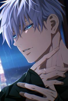 an anime character with white hair and blue eyes looking at something in front of him