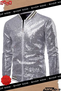 Man Fashion Sparkle Sequin Performance Party Jacket Metallic Disco Outerwear For Party, Sequined Long Sleeve Outerwear For Spring, Long Sleeve Sequin Outerwear For Spring, Metallic Sequined Outerwear For Party, Metallic Sequin Party Outerwear, Metallic Sequined Party Outerwear, Metallic Outerwear For Party In Winter, Metallic Outerwear For Winter Party, Glamorous Metallic Outerwear For Party