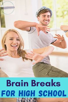 two people are dancing together with the words brain breaks for high school students on them