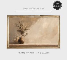 a vase with flowers in it sitting next to a wall mounted art piece that reads frame tv art 4k quality