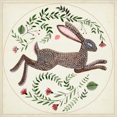 a drawing of a rabbit with flowers and leaves on it's back, in the center of a circle