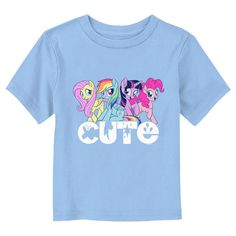 Join in on the spirit of magic with exciting new officially licensed apparel for the whole family from the ever-popular animated series My Little Pony: Friendship is Magic! This Toddlers' My Little Pony: Friendship is Magic Cutie Characters Graphic T-Shirt features Fluttershy, Pinkie Pie, Rainbow Dash, and Twilight Sparkle posing above the word: "Cute" written in bold white lettering. Grab this My Little Pony: Friendship is Magic gear for your baby today and head on down to Ponyville in style! Rainbow Dash And Twilight Sparkle, Rainbow Dash And Twilight, Fluttershy Pinkie Pie, Character Graphic, Pinkie Pie, Graphic Tee Design, Friendship Is Magic, Toddler Boy Outfits, Twilight Sparkle