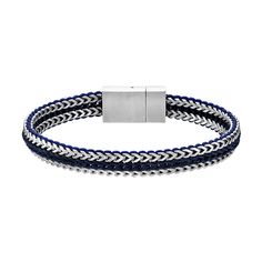 He'll love the eye-catching look of this Men's LYNX Stainless Steel Blue Cord Bracelet. Click on this JEWELRY & WATCHES GUIDE to learn about fit, styles, materials and more! He'll love the eye-catching look of this Men's LYNX Stainless Steel Blue Cord Bracelet. Click on this JEWELRY & WATCHES GUIDE to learn about fit, styles, materials and more! FEATURES Chain type: foxtail Length: 8.5 in. Closure: magnetic Nickel free Metal: stainless steel Finish: satin Packaging: boxed Imported Size: 8.5". Ge Blue Bracelets With Stainless Steel Clasp As A Gift, Blue Jewelry With Stainless Steel Clasp For Gift, Modern Blue Jewelry With Stainless Steel Clasp, Modern Blue Leather Bracelet Gift, Adjustable Blue Jubilee Chain Bracelet, Modern Adjustable Blue Braided Bracelets, Modern Adjustable Blue Braided Bracelet, Modern Adjustable Blue Bracelets, Modern Blue Adjustable Bracelets