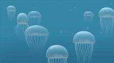 many jellyfish are swimming together in the water with eyes drawn on their faces and mouths