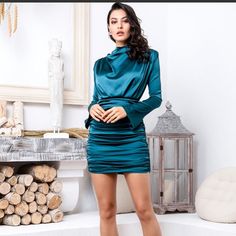 Be The Life Of The Party Elegant Blue Mini Dress For Party, Blue Long Sleeve Mini Dress For Party, Blue Long Sleeve Mini Dress For Holiday, Chic Blue Mini Dress For Party, Blue Long Sleeve Mini Dress For Party Season, Fitted Blue Mini Dress For Holiday, Blue Mini Dress For Holiday, Blue Mini Dress For Night Out During Holiday, Blue Mini Dress For Holidays