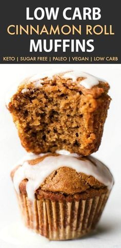 two muffins stacked on top of each other with icing and cinnamon in them