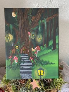 an acrylic painting of a forest scene with stairs leading up to a tree