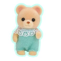 a brown teddy bear wearing a green outfit with white lace on it's collar