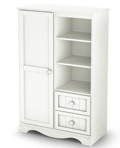 an open white cabinet with drawers and shelves