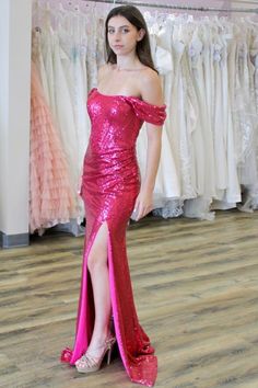 Live the dream in this stunning Pink Sequin Off-the-Shoulder Mermaid-Style Gown! Show off your curves with the ruching details and leg-baring slit for a look that will turn heads. Make a show-stopping entrance in this beautiful dress!#prom#promdresses#promgown#formaldress#formaloutfit#seniorpromdress#promgown#blacktieeventdresses#graduationdress Wedding Dress Petticoat, Sequins Fabric, Sequin Prom Dresses, Evening Dresses Cocktail, Mermaid Style, Mothers Dresses, Mermaid Fashion, Pink Sequin, Long Gown