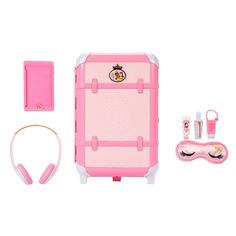 a pink and white suitcase with accessories