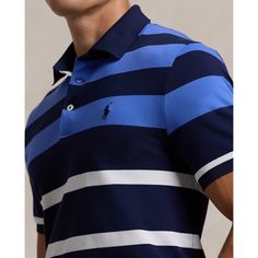 This striped Polo shirt is crafted with moisture-wicking stretch piqué that is washed for extra softness. Cotton Polo With Vertical Stripes, Classic Blue Polo Shirt With Contrast Stripes, Cotton Polo Collar Top With Vertical Stripes, Blue Striped Polo Shirt For Summer, Casual Blue Shirt With Signature Stripes, Blue Tops With Striped Collar In Sporty Style, Blue Cotton Polo Shirt With Three Stripes, Navy Fitted Top With Contrast Stripes, Striped Fitted Cotton Polo Shirt