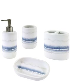 three piece bathroom set with soap dispenser, toothbrush holder and soap dish