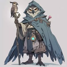 an owl dressed as a wizard holding a bird on his arm and standing next to it