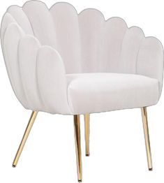 a white chair with gold legs and a scalloped shell shaped back rest on a white background