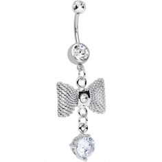 14 Gauge (1.6mm), 7/16" (11mm), 316L Surgical Grade Stainless Steel, 5mm Ball A feminine dangling navel ring takes an already charming silver bow and gives it plenty of dazzle with the addition of clear gems. Embrace formal attire with a girly twist, thanks to this fancy stainless steel belly button ring. Elegant Body Jewelry With Bling For Gifts, Elegant Cubic Zirconia Belly Rings As Gift, Dangle Belly Rings For Wedding, Elegant Metal Belly Rings For Gift, Elegant Metal Belly Rings As Gift, Elegant Dangle Belly Rings For Wedding, Elegant Silver Body Jewelry With Cubic Zirconia, Elegant Sterling Silver Belly Rings In White Gold, Elegant White Gold Belly Rings In Sterling Silver