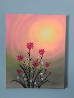 a painting of pink and white flowers in front of a bright sky with the sun behind it