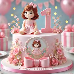 Celebrate your little girl's first birthday with this adorable two-tier cake! Decorated in pastel pink fondant with delicate bows, flowers, and a number '1' topper, this cake is perfect for a sweet celebration. The bottom tier features a cute baby girl figurine, making it a delightful centerpiece for the party.  #FirstBirthday #BirthdayCake #GirlBirthday #PinkCake #BirthdayIdeas #CakeInspiration #PartyIdeas #Baking #Dessert #PinterestTrends First Birthday Cake Design For Girl, Cake Design For 1st Birthday Girl, Baby Girl 1st Birthday Cake Ideas Simple, Cake Designs For Baby Girl 1st Birthday, First Birthday Cake Flowers, Flower Birthday Cake Kids, Baby One Month Cake