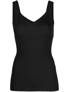 black cotton blend ribbed knit wide shoulder straps V-neck straight hem Ribbed Knit Tank Top, Boho Lifestyle, Versace Shop, Knit Tank Top, Airport Fashion, Knitted Tops, Knit Tank, Knitted Tank Top, Yoga Wear