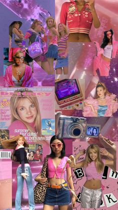 the collage shows many different images of women in pink outfits and accessories, with one woman holding a camera