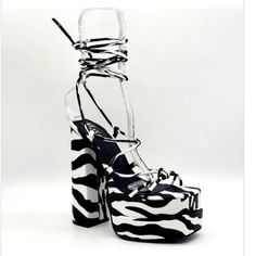 Cute And Casual Zebra Print Open Toe Heels! Has Chunky Heel Details! Has Lace Up Details! Fits True To Size! Approx 6.4 Inch Heel! #Zebraheels! High Heel Zebra Print Party Heels, Spring Zebra Print High Heels, Spring Zebra Print Heels, Black High Heels With Zebra Print, Chic Zebra Print High Heels, Zebra Heels, Zebra Print Heels, Open Toe Heels, 4 Inch Heels