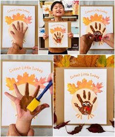 a collage of photos showing children's handprints with leaves and the words cute little turkey