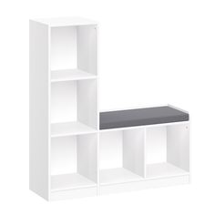 a white bookcase with two shelves and a black cushion on the bottom one shelf